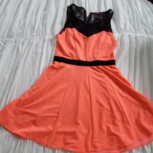 Neon coral skater dress with lace